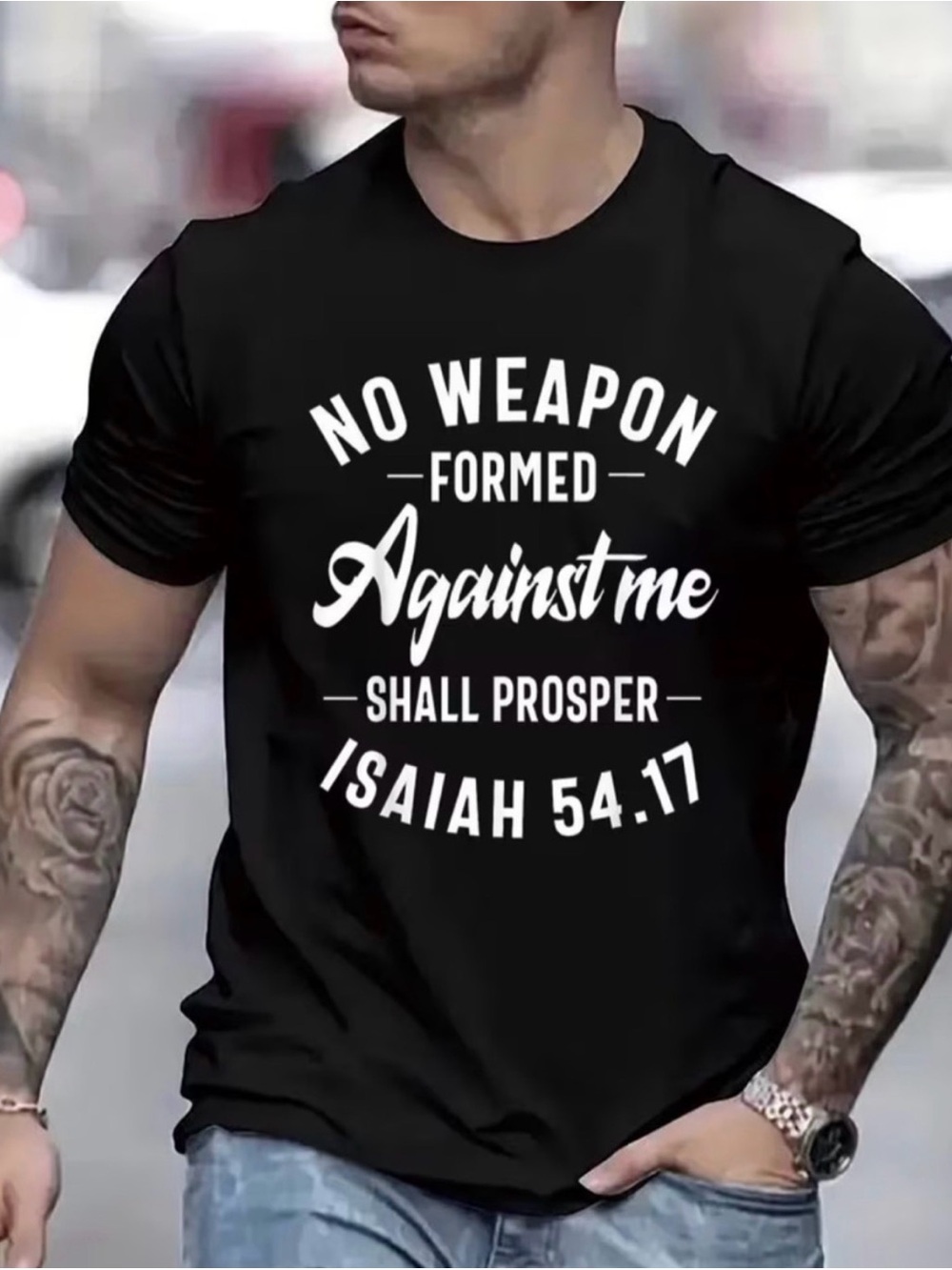 Faith Themed Men's Graphic
Tee — Isaiah 54:17